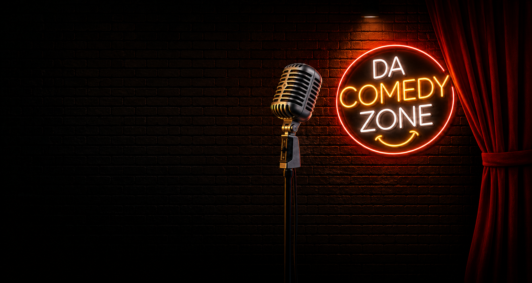 Da Comedy Zone stage microphone and neon sign